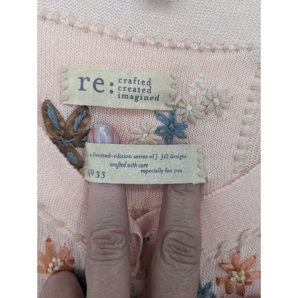J Jill Sweater Womens Small Pink Floral Embroidered Linen Blend Cardigan Cottage - Picture 8 of 12